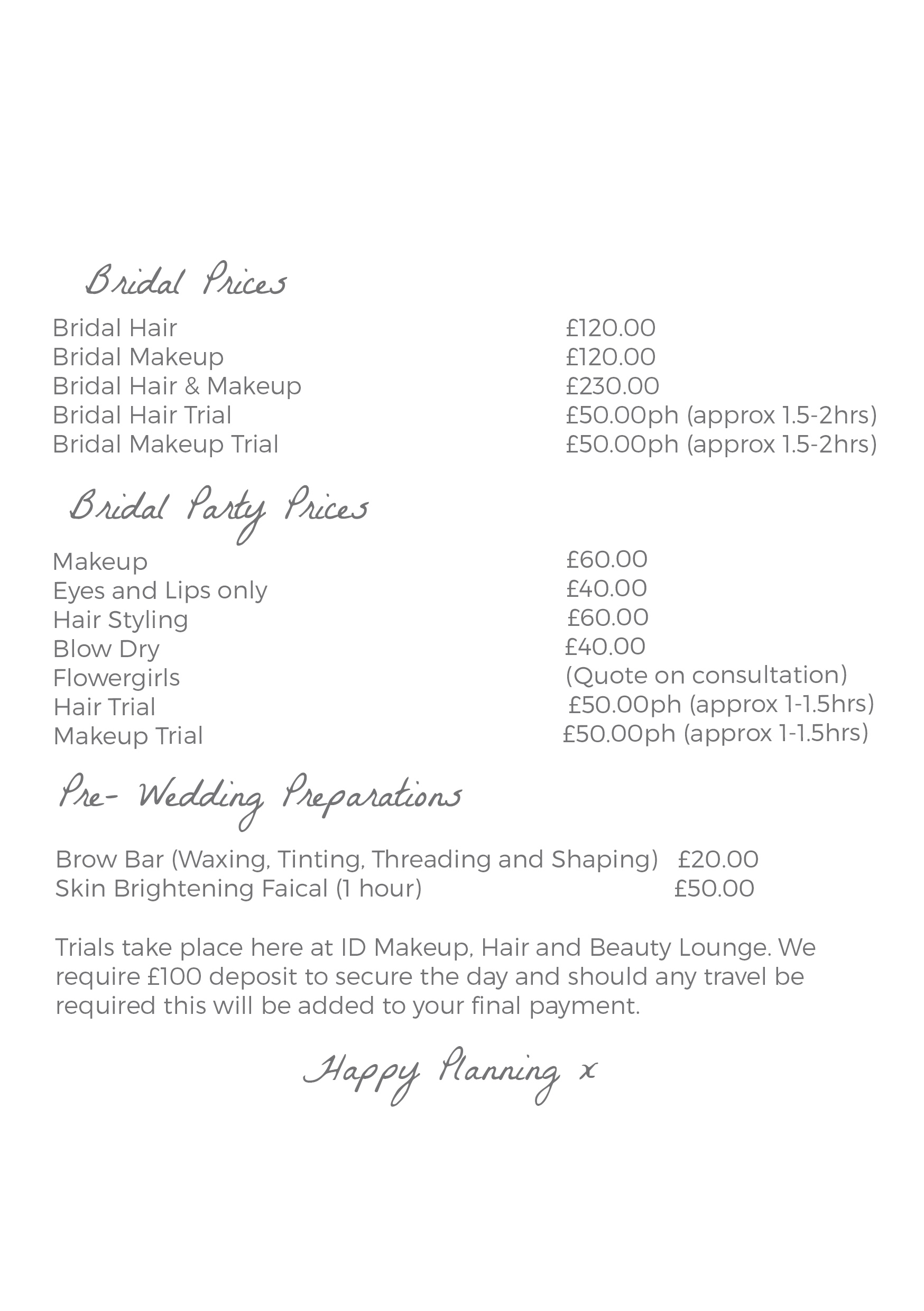 Bridal Price List Web Id Makeup Hair Beauty Lounge