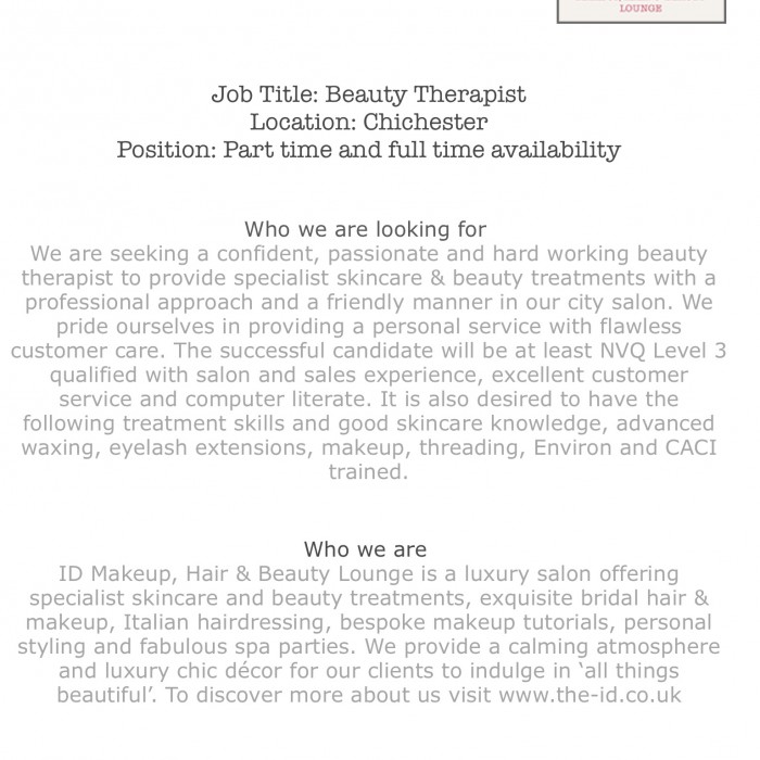 A new and exciting Beauty Therapist job opportunity in the City of Chichester 